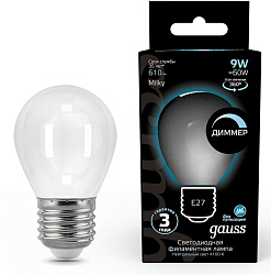 Лампа светодиодная Gauss Filament 105202209-D 9Вт цок.:E27 шар 220B св.свеч.бел.нейт. (упак.:10шт)