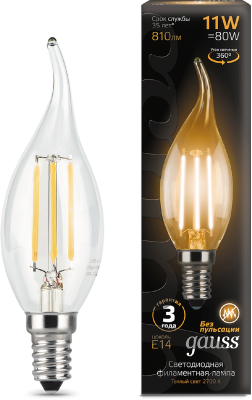 Лампа филам. Gauss Filament 11Вт цок.:E14 свеча 220B св.свеч.бел.теп. CF35 (упак.:10шт) (104801111)