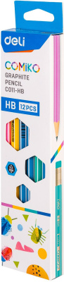 Карандаш ч/г Deli EC011-HB Comiko HB шестигран. липа ассорти кор.европод. (12шт) ластик