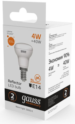 Лампа светодиодная Gauss Elementary 63114 4Вт цок.:E14 рефлек. 220B 3000K св.свеч.бел.теп. (упак.:10шт)