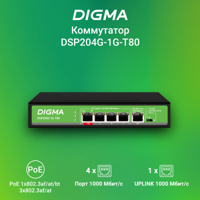 Коммутатор Digma DSP204G-1G-T80 (L2) 5x1Гбит/с 4PoE 4PoE+ 1PoE++ 80W неуправляемый