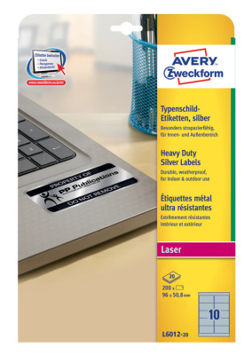 Этикетки Avery Zweckform L6012-20 A4 96x50.8мм 10шт на листе/196г/м2/20л./серебристый матовое самоклей. для лазерной печати