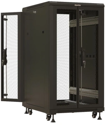 Шкаф серверный Hyperline (TTBR-2266-DD-RAL9004) напольный 22U 600x600мм пер.дв.перфор. задн.дв.перфор. 2 бок.пан. 1000кг черный 510мм 1166мм IP20 сталь