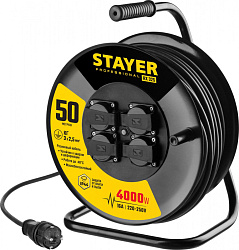 Удлинитель силовой Stayer 55076-50_z01 3x2.5кв.мм 4розет. 50м КГ катушка черный