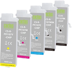 Картридж перезаправляемый струйный Cactus CS-R-PFI107SET-CHIP черный/черный матовый/голубой/желтый/пурпурный набор 5шт.упак. для Canon imageProGRAF iPF670/680/685/770/780/785 с чипом