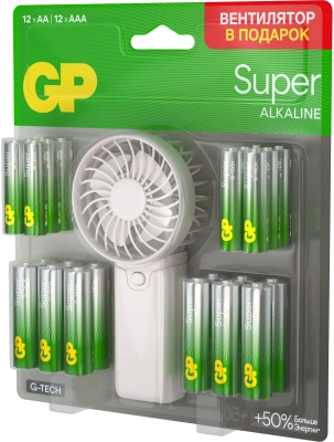 Батарея GP Super 15A/24A/FANWETA21-2CRSBC24 AA/AAA (промо:Вентилятор в подарок) (24шт) блистер