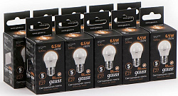 Лампа светодиодная Gauss Black 6.5Вт цок.:E27 шар 220B св.свеч.бел.теп. G45 (упак.:10шт) (105102107)