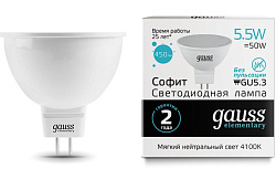 Лампа светодиодная Gauss Elementary MR16 5.5Вт цок.:GU5.3 спот 220B св.свеч.бел.нейт. (упак.:10шт) (13526)