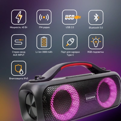 Колонка порт. Digma D-PS1531 черный/черный 40W 2.0 BT 10м 3000mAh (SP1531B)