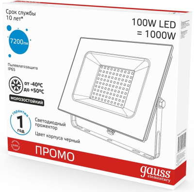 Прожектор уличный Gauss Elementary светодиодный 100Втчерный (613100100P)