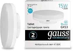 Лампа светодиодная Gauss Elementary GX53 15Вт цок.:GX53 таблетка 220B св.свеч.бел.нейт. (упак.:10шт) (83825)