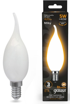 Лампа филам. Gauss Filament 5Вт цок.:E14 свеча 220B 2700K св.свеч.бел.теп. (упак.:1шт) (104201105)