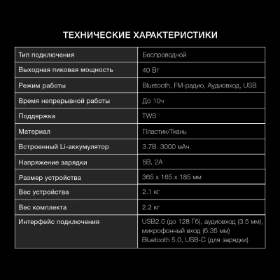 Колонка порт. Hyundai H-PS1025 черный 40W 2.0 BT 10м 3000mAh