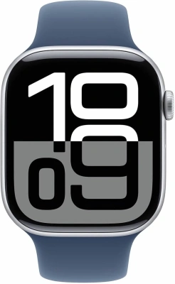 Смарт-часы Apple Watch Series 10 A2999 46мм 2.1" OLED корп.серебристый Sport Band рем.синий разм.брасл.:160-210мм (MWWM3LW/A)