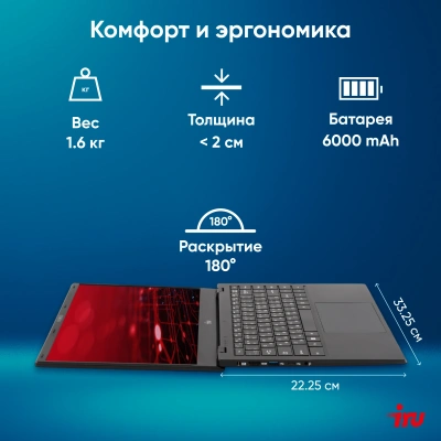 Ноутбук IRU Planio 14ING N-series N100 8Gb SSD256Gb Intel UHD Graphics 14" IPS FHD (1920x1080) FreeDOS black WiFi BT Cam 6000mAh (2058902)