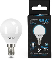 Лампа светодиодная Gauss 105101310 9.5Вт цок.:E14 шар 220B св.свеч.бел.хол. (упак.:10шт)