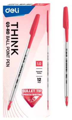 Ручка шариков. Deli Think EQ3-RD прозрачный красн. черн. линия 1мм