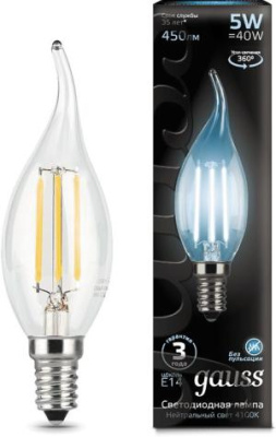 Лампа филам. Gauss Filament 5Вт цок.:E14 свеча 220B 4100K св.свеч.бел.нейт. (упак.:10шт) (104801205)