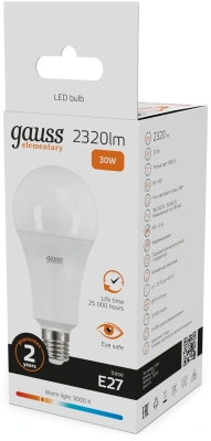 Лампа светодиодная Gauss Elementary A67 30Вт цок.:E27 груша 220B св.свеч.бел.теп. А67 (упак.:10шт) (73219)