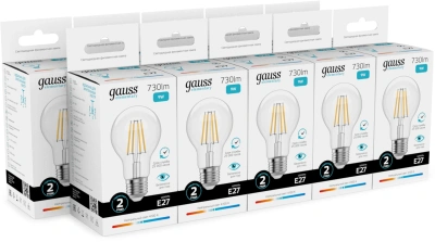 Лампа филам. Gauss Filament 9Вт цок.:E27 груша 220B св.свеч.бел.нейт. (упак.:10шт) (22229)