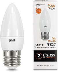 Лампа светодиодная Gauss Elementary 6Вт цок.:E27 свеча 220B св.свеч.бел.теп. C37 (упак.:10шт) (33216)