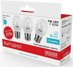 Лампа светодиодная Gauss Elementary 7Вт цок.:E27 шар 220B св.свеч.бел.нейт. (упак.:3шт) (53227T)