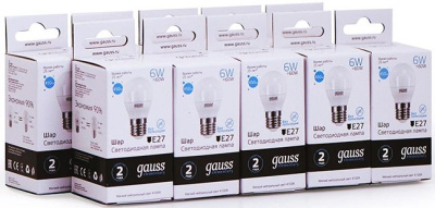 Лампа светодиодная Gauss Elementary 6Вт цок.:E27 шар 220B 4100K св.свеч.бел.нейт. (упак.:10шт) (53226)