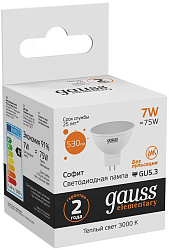 Лампа светодиодная Gauss 7Вт цок.:GU5.3 рефлек. 220B св.свеч.бел.теп. MR16 (упак.:1шт) (13517)
