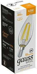 Лампа светодиодная Gauss Basic 1031115 4.5Вт цок.:E14 свеча 220B св.свеч.бел.теп. (упак.:10шт)