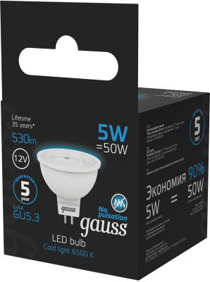Лампа светодиодная Gauss 201505305 5Вт цок.:GU5.3 рефлек. 12B 6500K св.свеч.бел.хол. (упак.:1шт)