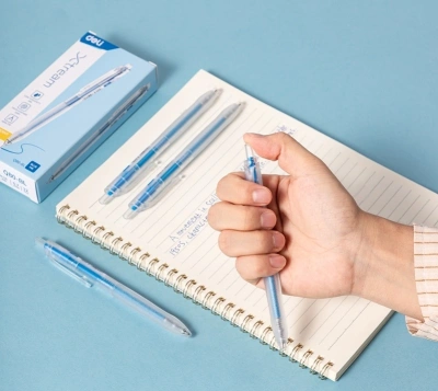 Ручка шариков. автоматическая Deli Xtream EQ80-BL прозрачный/белый d=0.7мм син. черн. кругл. резин. манжета