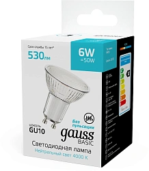 Лампа светодиодная Gauss Basic 6Вт цок.:GU10 софит 220B св.свеч.бел.нейт. (упак.:10шт) (10106262)
