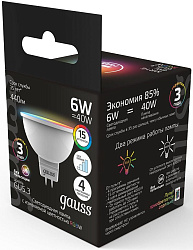 Лампа светодиодная Gauss 101105406 6Вт цок.:GU5.3 софит 175B св.свеч.RGB MR16 (упак.:1шт)