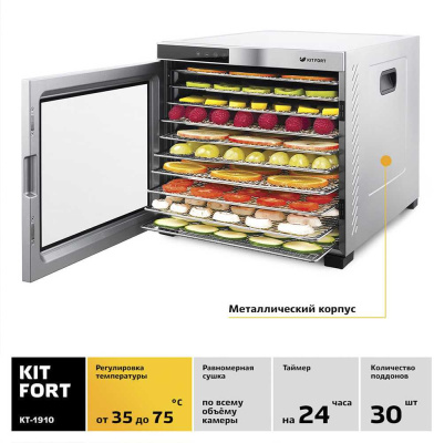 Сушка для фруктов и овощей Kitfort КТ-1910 30под. 1000Вт нержавеющая сталь