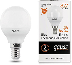 Лампа светодиодная Gauss 8Вт цок.:E14 шар 220B св.свеч.бел.теп. G45 (упак.:1шт) (53118)