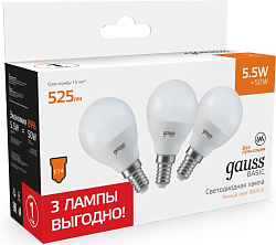 Лампа светодиодная Gauss Basic 10531152T 5.5Вт цок.:E14 шар 220B св.свеч.бел.теп. (упак.:3шт)