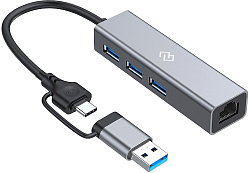 Разветвитель USB-C + USB-A Digma DHUB-LAN-4port 4порт. серебристый