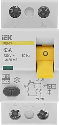 Выключатель дифф.тока УЗО IEK MDV10-2-063-030 ВД1-63 63A 30мА AC 2П 230В 2мод белый (упак.:1шт)