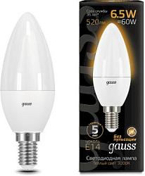 Лампа светодиодная Gauss Black 6.5Вт цок.:E14 свеча 220B св.свеч.бел.теп. C37 (упак.:10шт) (103101107)