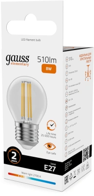 Лампа филам. Gauss Filament 8Вт цок.:E27 шар 220B св.свеч.бел.теп. (упак.:10шт) (52218)