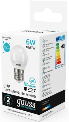 Лампа светодиодная Gauss Elementary 6Вт цок.:E27 шар 220B 4100K св.свеч.бел.нейт. (упак.:10шт) (53226)