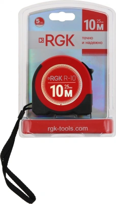Рулетка строительная RGK R10 дл.полотна 10м изм.шкала в см зацеп простой красный/черный (755986)