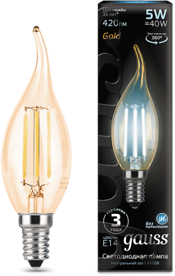 Лампа филам. Gauss Filament 5Вт цок.:E14 свеча 220B св.свеч.бел.нейт. (упак.:10шт) (104801805)