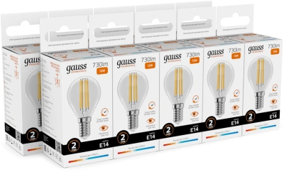 Лампа филам. Gauss Filament 12Вт цок.:E14 шар 220B св.свеч.бел.теп. (упак.:10шт) (52112)
