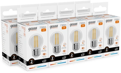 Лампа филам. Gauss Filament 12Вт цок.:E27 шар 220B св.свеч.бел.теп. (упак.:10шт) (52212)