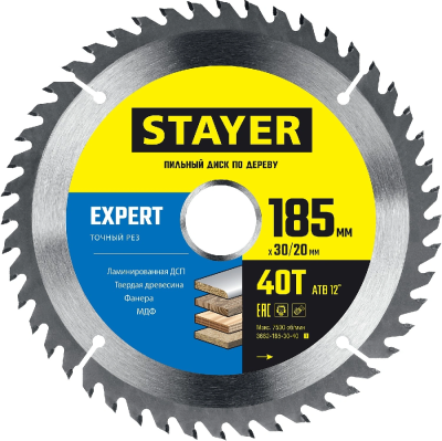 Диск пильный по дер. Stayer 3682-185-30-40_z01 d=185мм d(посад.)=30мм (торцовочные пилы)