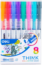 Набор ручек роллер Deli Think EQ300-8C ассорти d=0.5мм ассор. черн. (8шт) стреловидный пиш. наконечник