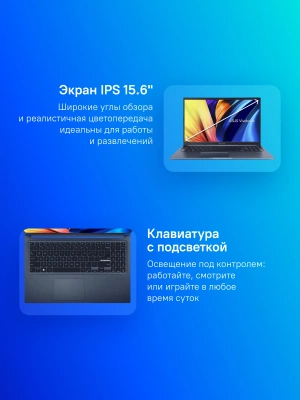 Ноутбук Asus Vivobook 15 X1502VA-BQ924 Core i7 13620H 16Gb SSD512Gb Intel Iris Xe graphics 15.6" IPS FHD (1920x1080) без ОС blue WiFi BT Cam (90NB10T1-M01890)