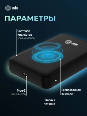 Мобильный аккумулятор Cactus CS-PBFSUA-10000 10000mAh 22.5W 4.5A USB-C беспров.зар. черный