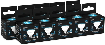 Лампа светодиодная Gauss 101505307 7Вт цок.:GU5.3 рефлек. 220B св.свеч.бел.хол. MR16 (упак.:10шт)